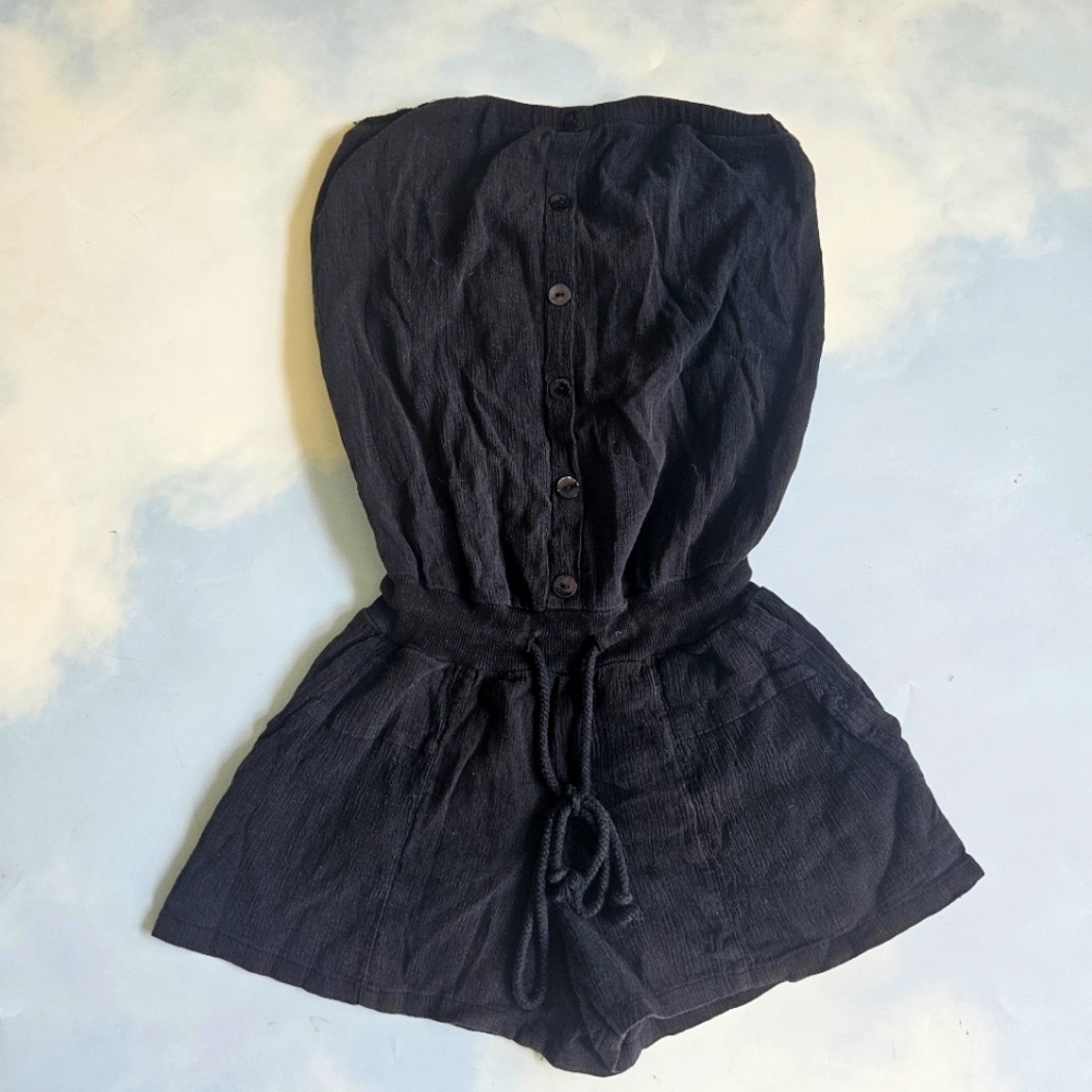 Black Button-Up Beach Romper Coverup Romper Cute Flirty Romper Crepe Crinkle